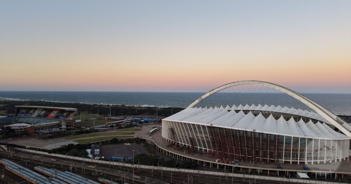 Aerial view of Moses Mabhida Stadium in Durban at sunset, South Africa