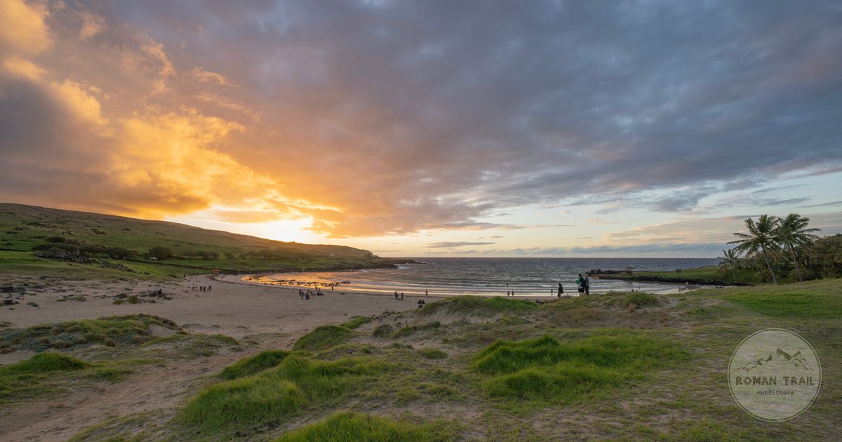 Sunset over Anakena beach on Easter Island, Chile