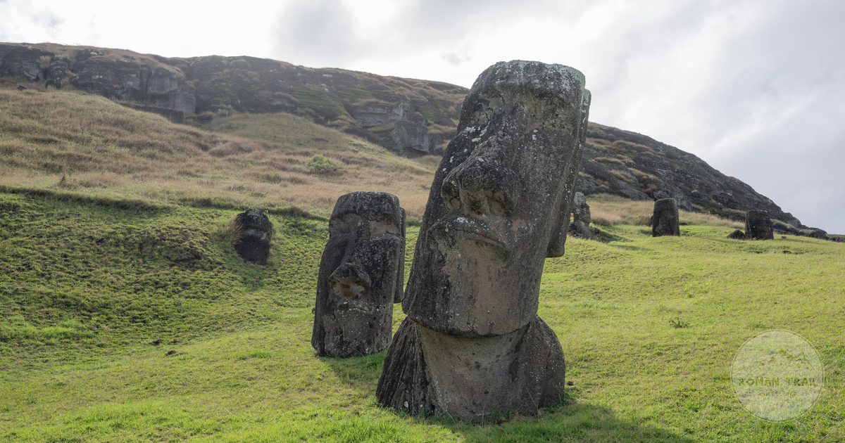 Moai at the Rano Raraku quarry on Easter Island, Chile