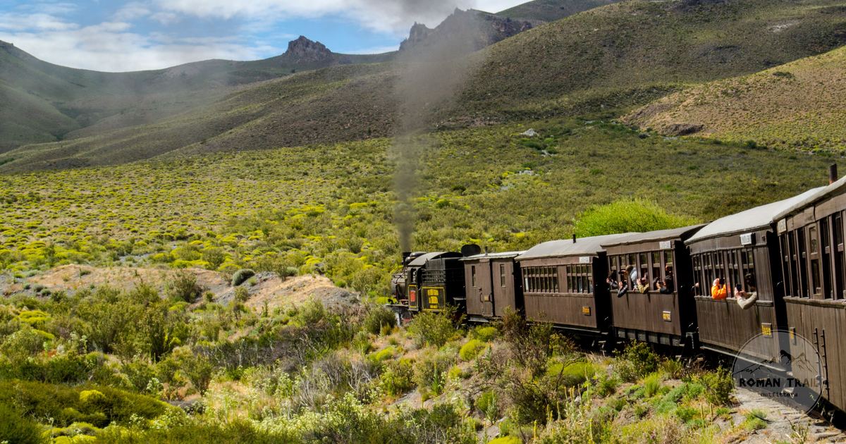 The old Patagonian Express steam train in the landscape at Esquel, Argentina