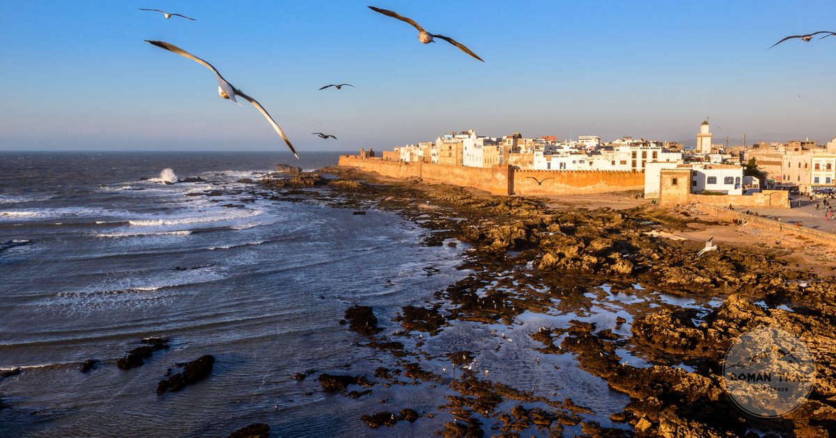 Aerial view of the Essaouira coastline and beach, Morocco