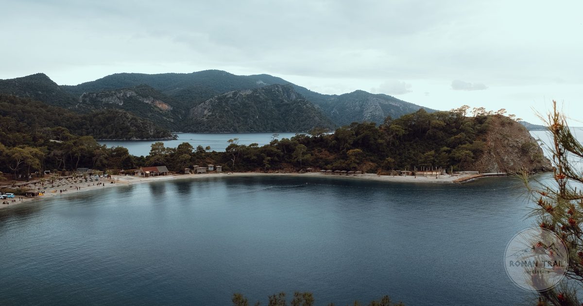 Aerial view of the Oludeniz lagoon and wooded hills at Fethiye, Turkiye