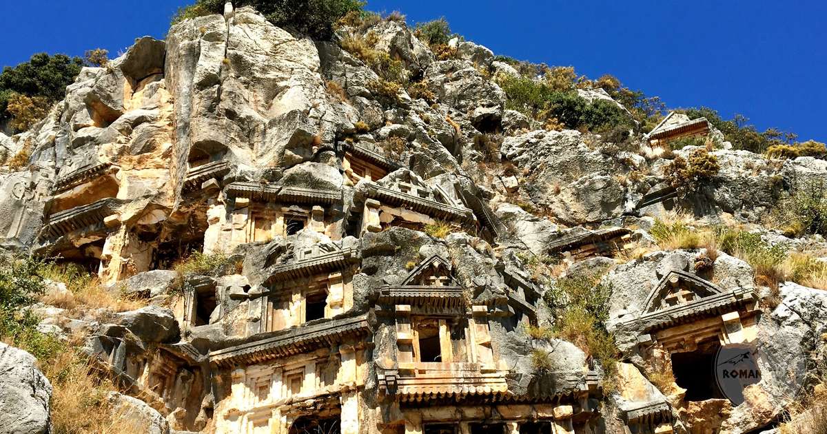 Lycian rock tombs cut into the cliffs above Fethiye, Turkiye
