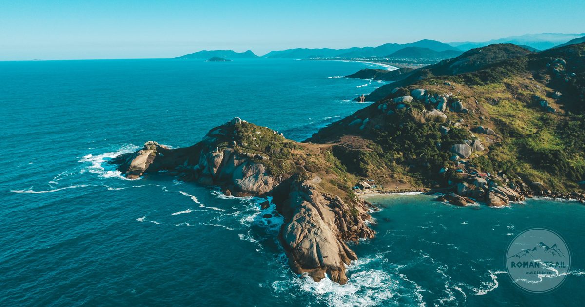 Aerial view of the green coastal landscape of Florianopolis, Santa Catarina, Brazil