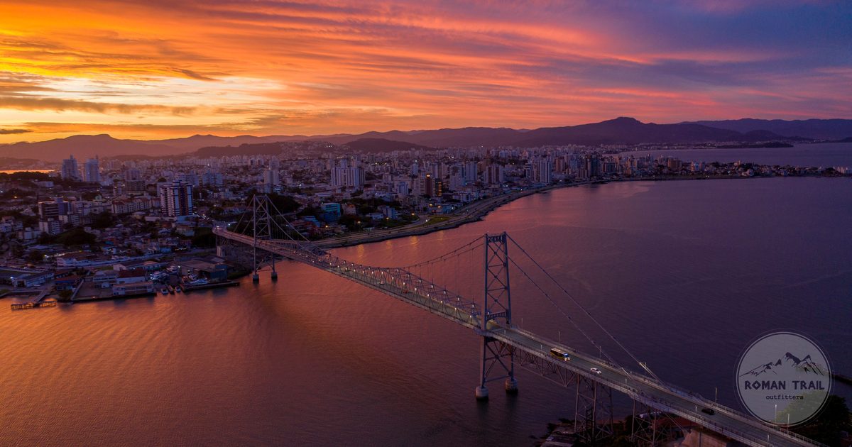 Aerial view of the Hercilio Luz bridge at sunset in Florianopolis, Brazil