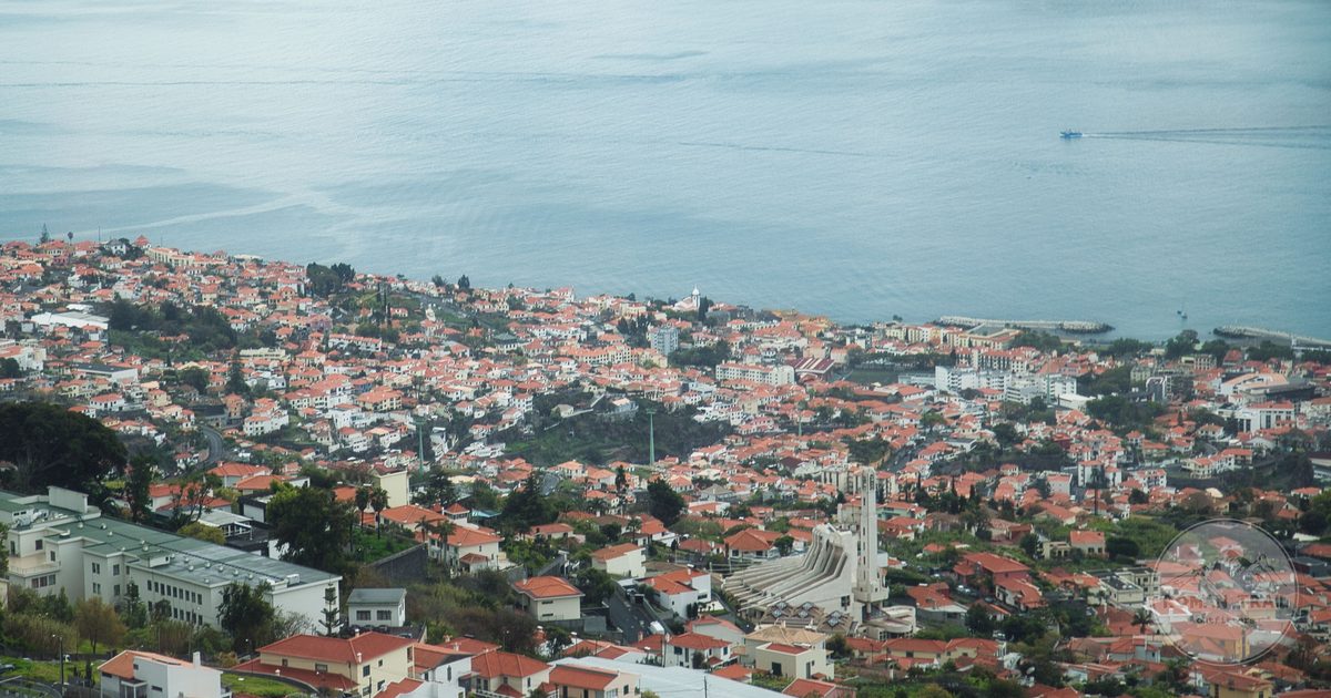 Aerial view of Funchal with its red rooftops, Madeira, Portugal