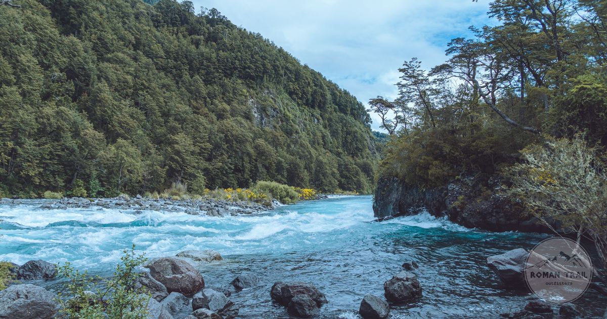 A river through forested mountains in the Los Lagos region, Chile