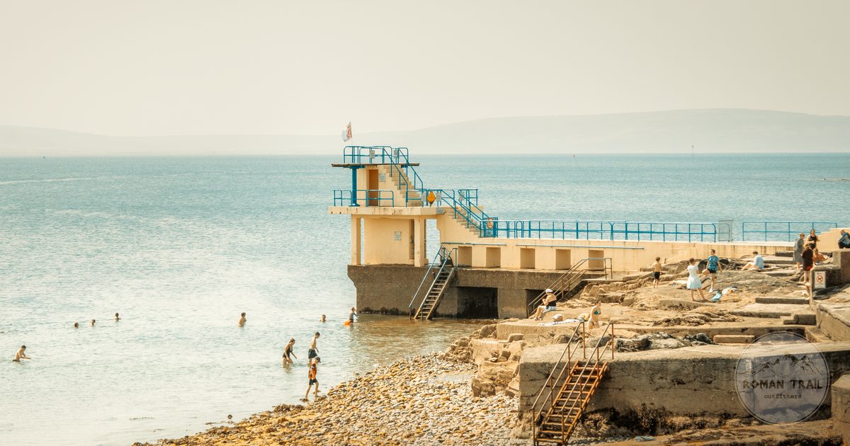 People on a sunny day at the Salthill diving board in Galway, Ireland
