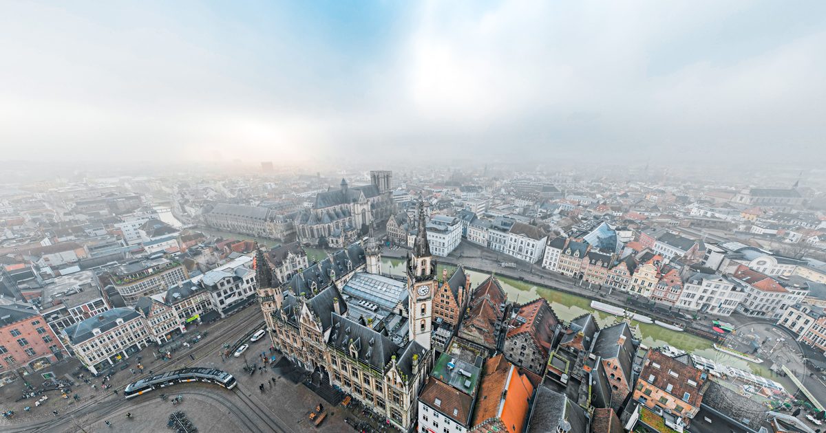 Aerial view of Ghent with its historic architecture and tram lines, Belgium