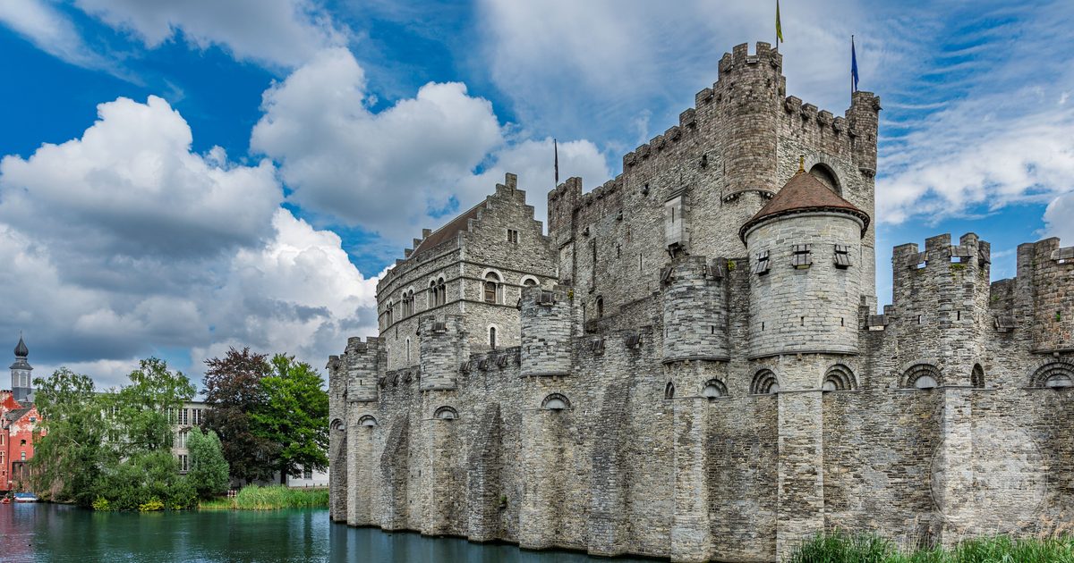 Gravensteen castle against a cloudy sky in Ghent, Belgium