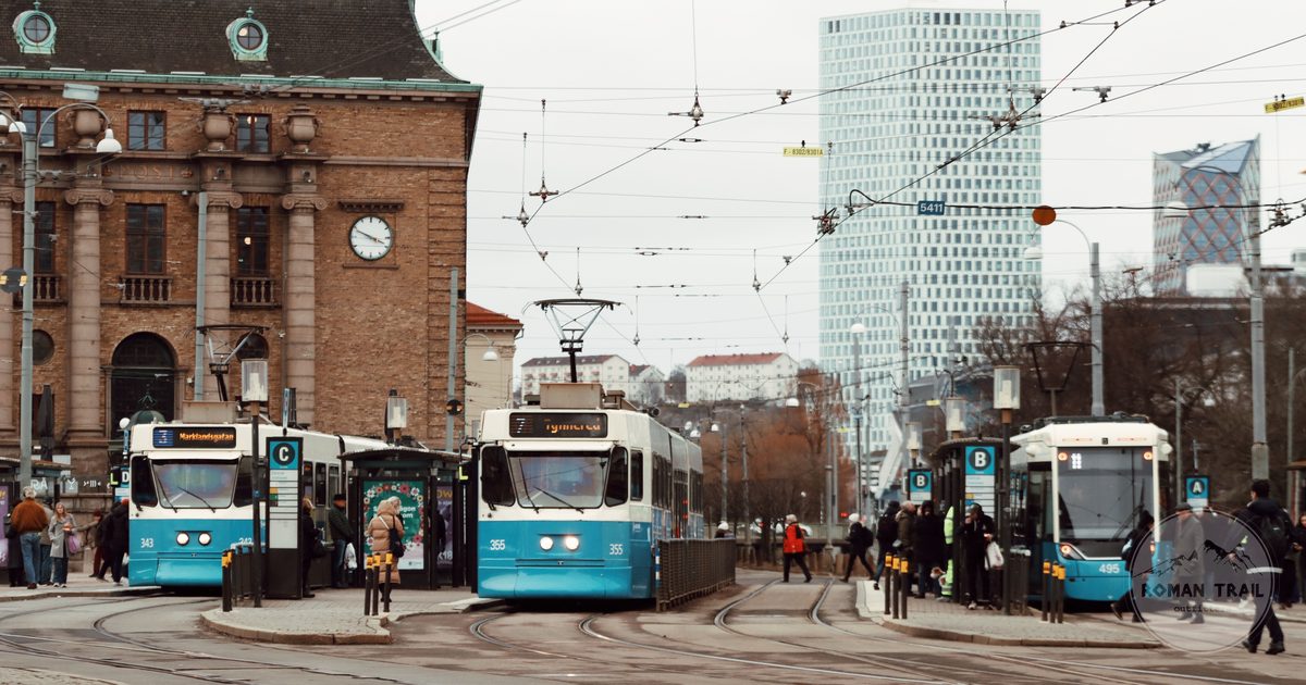 Trams at a busy intersection in central Gothenburg, Sweden
