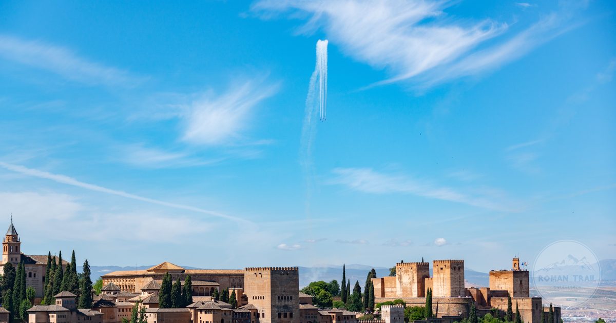 The Alhambra Palace against a clear sky in Granada, Spain