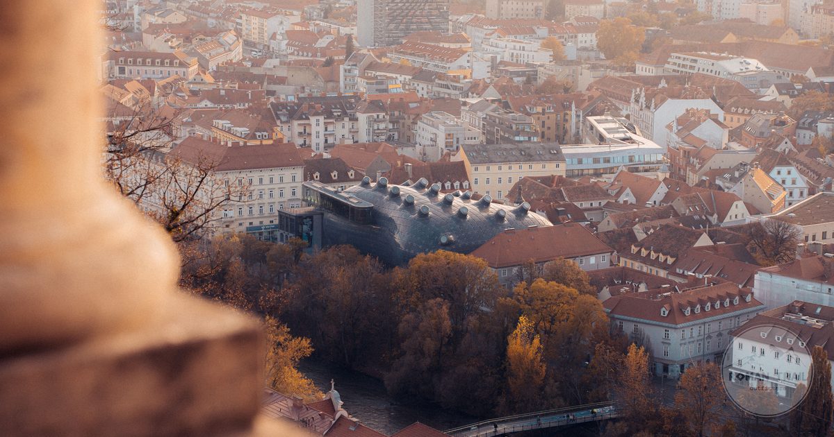 The Kunsthaus building in the Graz cityscape, Austria