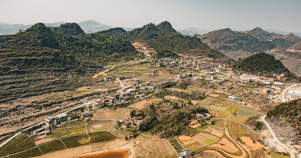 Aerial view of mountains and rice terraces in Ha Giang, Vietnam