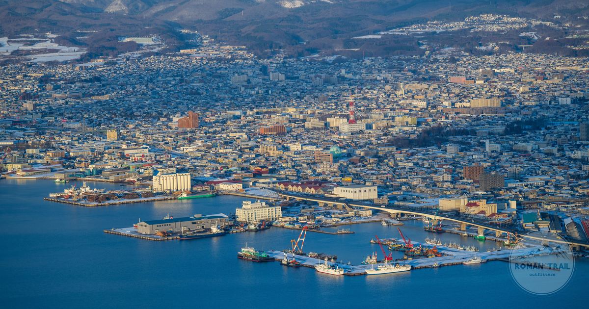 Aerial view of the Hakodate cityscape and port in winter, Hokkaido, Japan