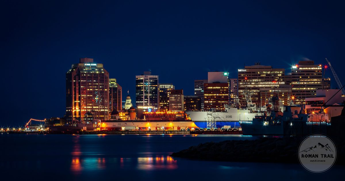 The Halifax skyline lit along the waterfront, Nova Scotia, Canada