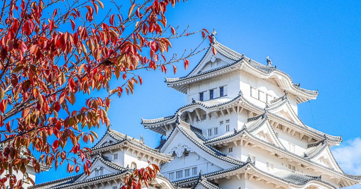 Himeji Castle with autumn leaves in the foreground, Japan