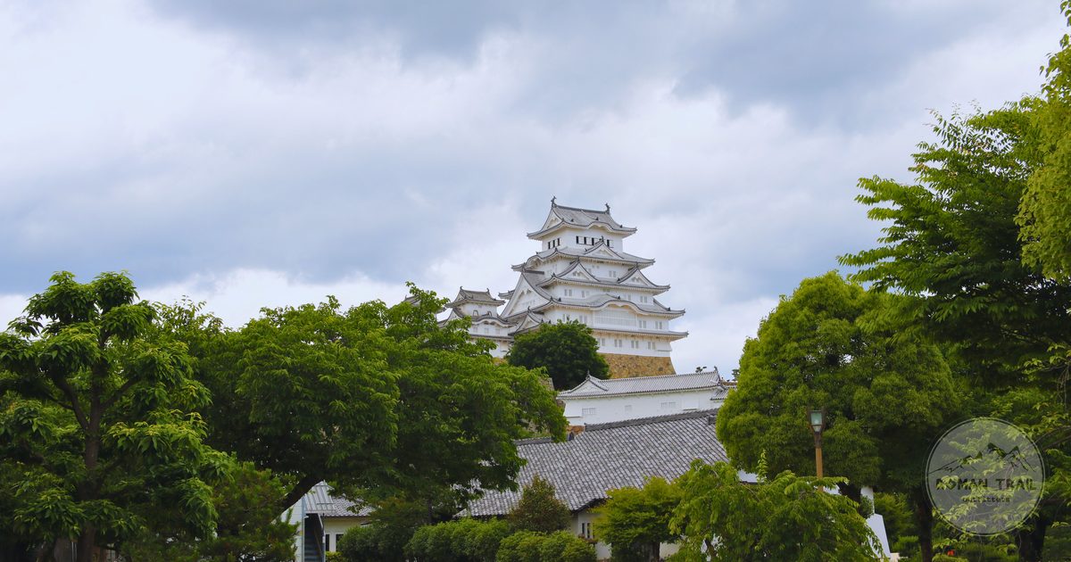 Himeji Castle framed by trees, Hyogo, Japan
