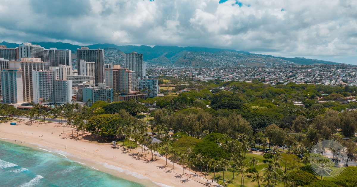 An aerial view of Waikiki Beach and the towers of Honolulu, Hawaii