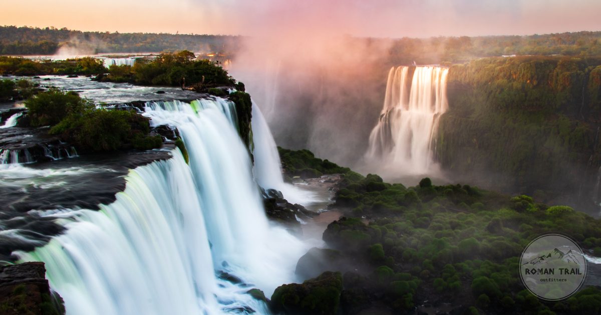 Cascading water and morning mist at Iguazu Falls