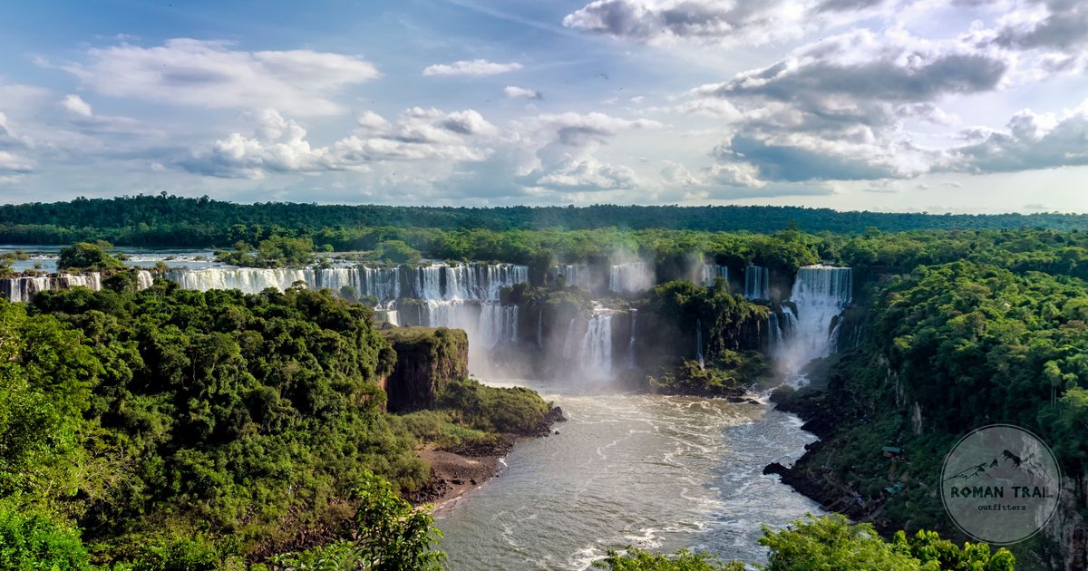 Aerial view of Iguazu Falls surrounded by rainforest, Argentina and Brazil