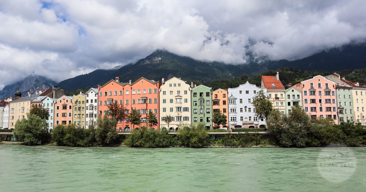 Coloured buildings along the Inn river at Innsbruck, Austria