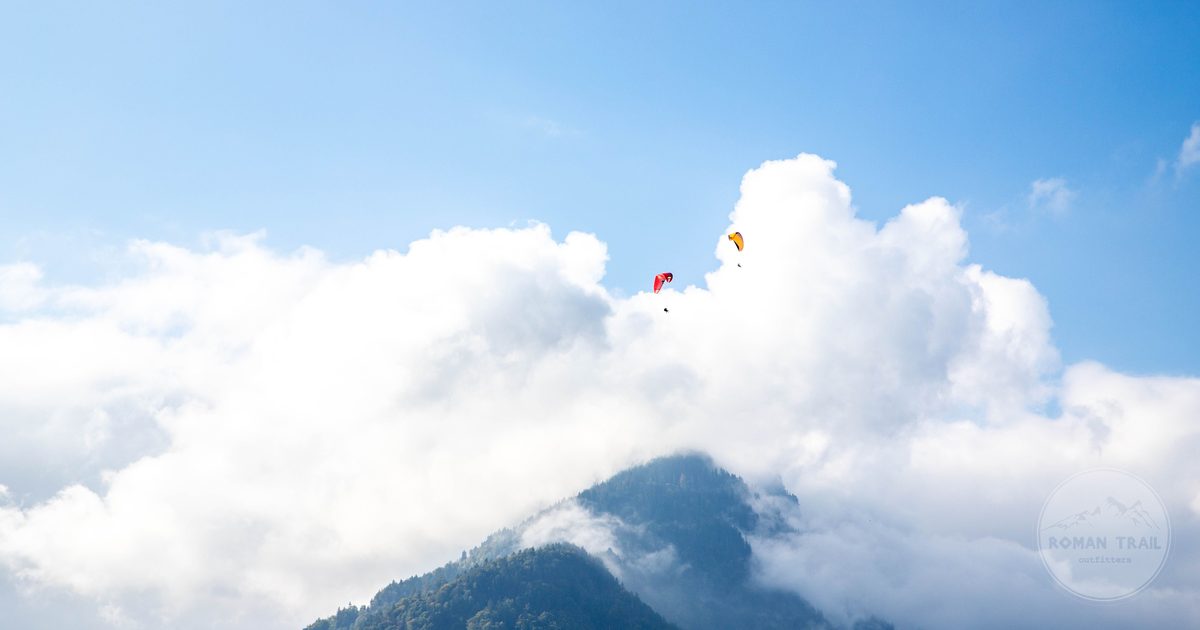 Paragliders above the mountains at Interlaken, Switzerland