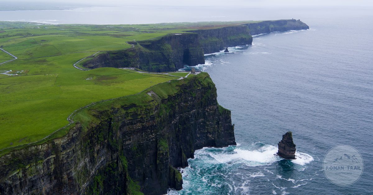 An aerial view of the Cliffs of Moher and the Atlantic in County Clare, Ireland