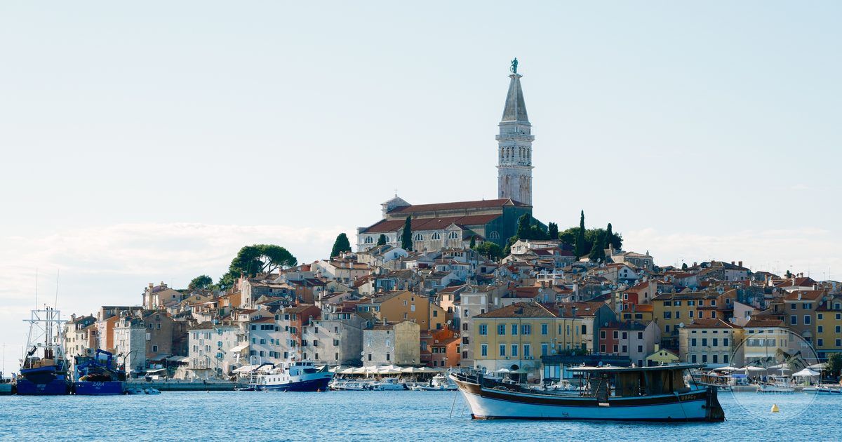 The coastal town of Rovinj with the tower of Saint Euphemia, Istria, Croatia