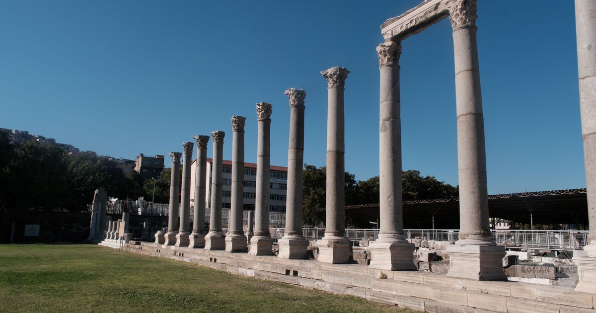 Roman columns at the Agora of Smyrna in Izmir under a clear sky, Turkiye