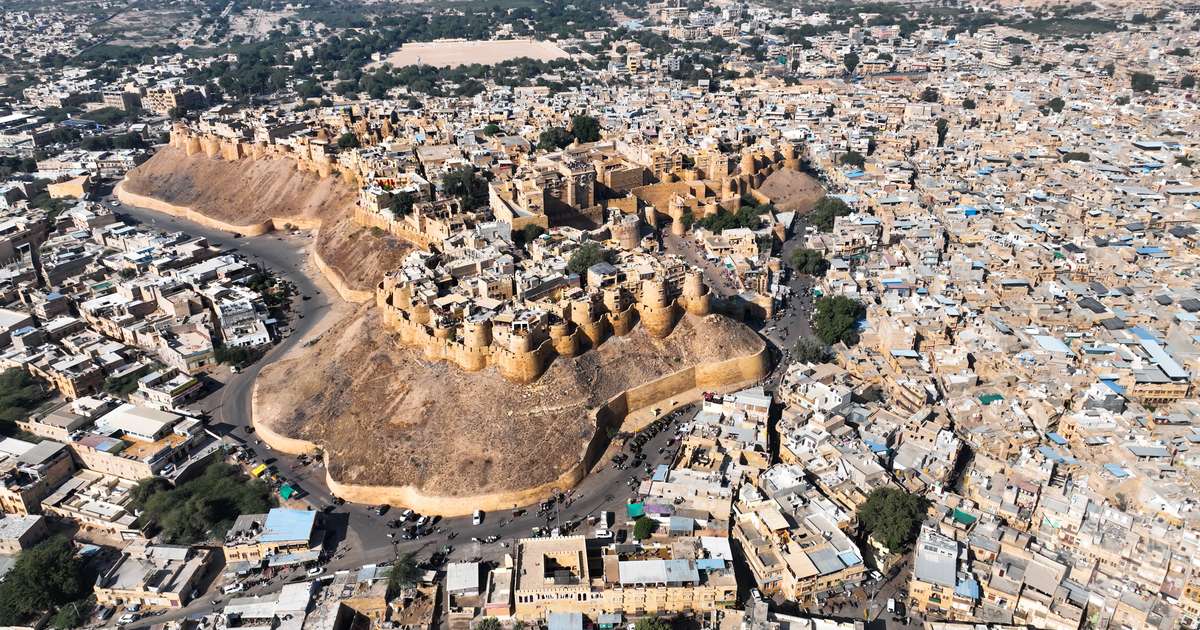 Aerial view of Jaisalmer Fort rising from the Thar desert, India