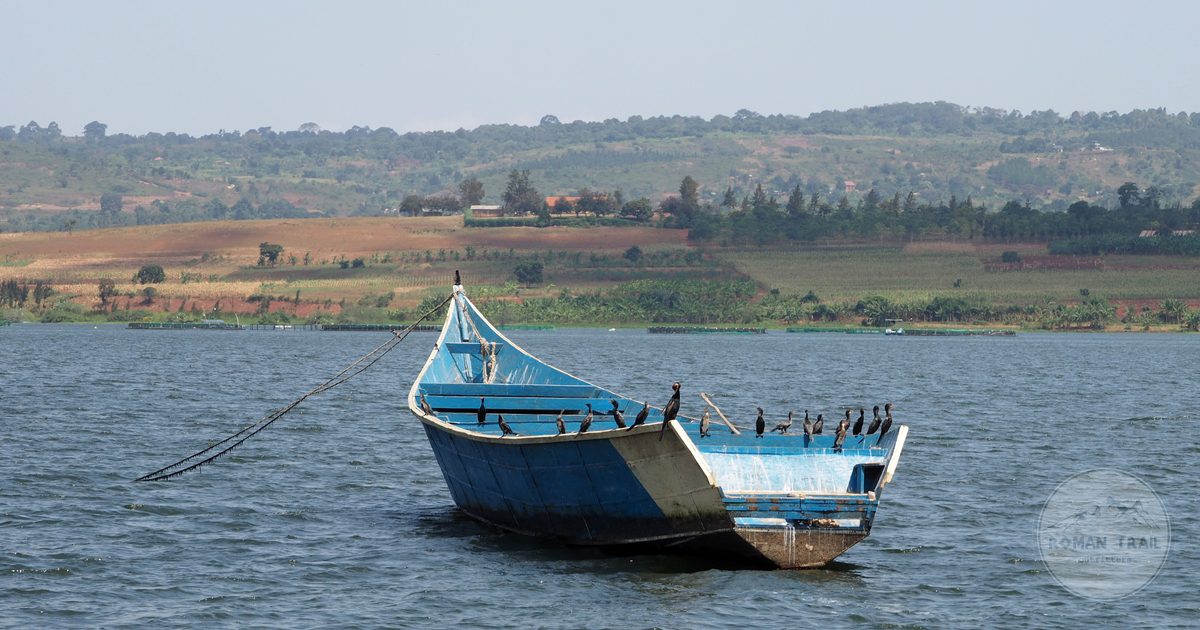 A wooden boat moored on Lake Victoria near Jinja, Uganda