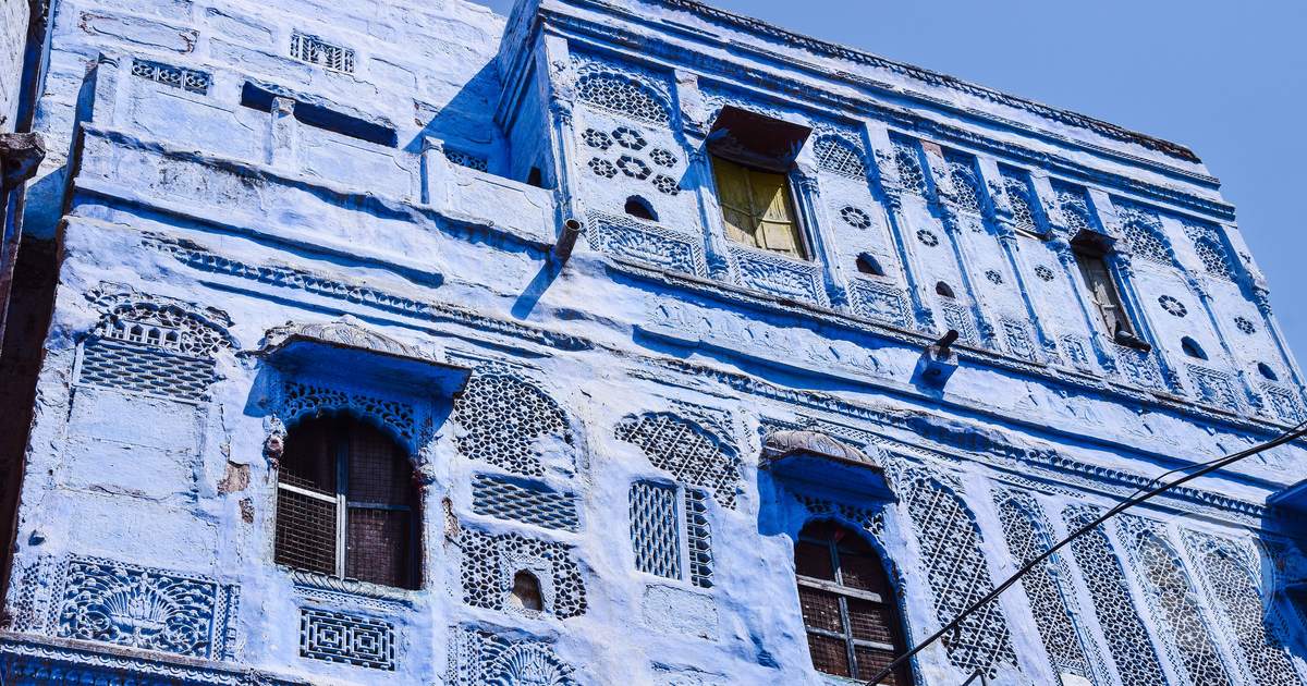 A blue painted facade in the old city of Jodhpur, India