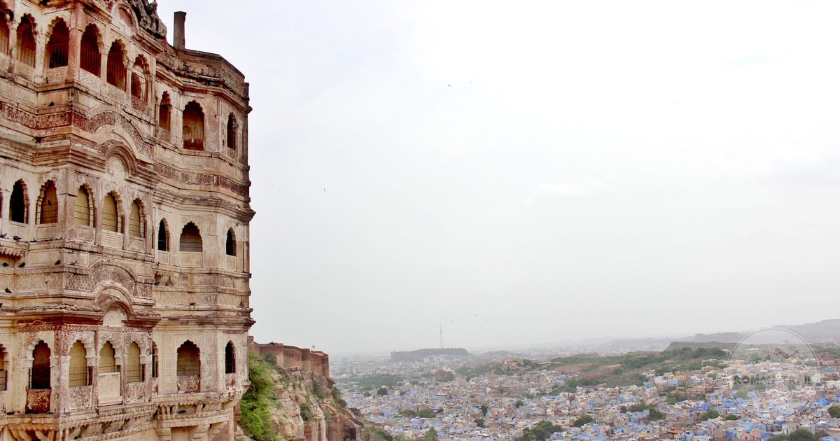Mehrangarh Fort above the blue city of Jodhpur, Rajasthan, India