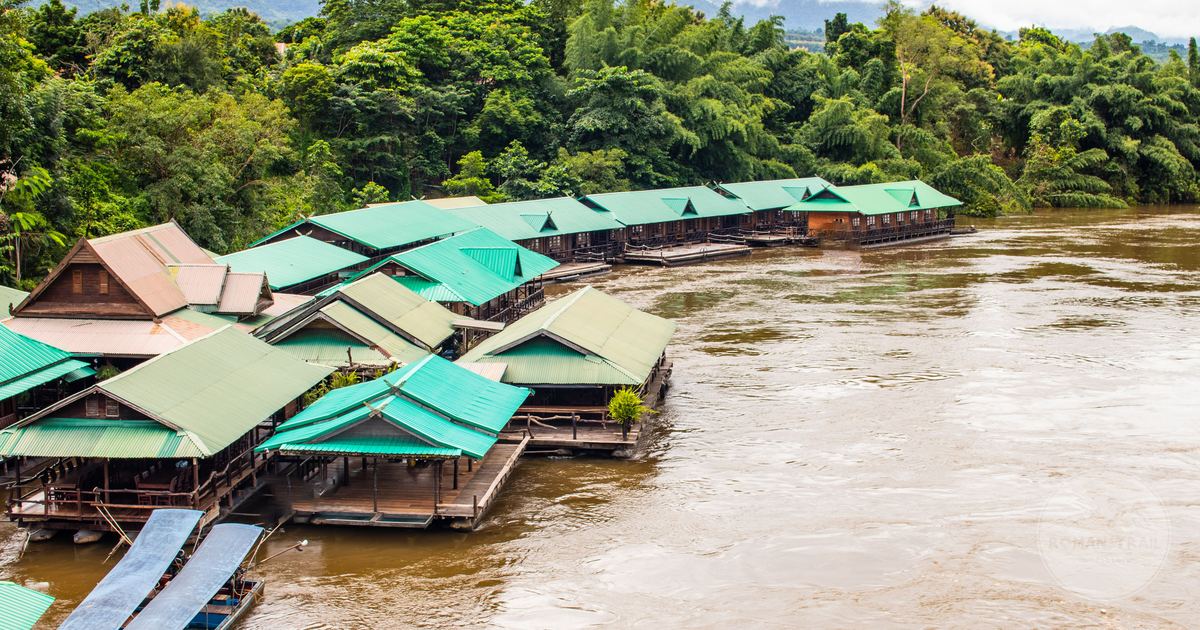 Floating raft houses on the river at Kanchanaburi, Thailand