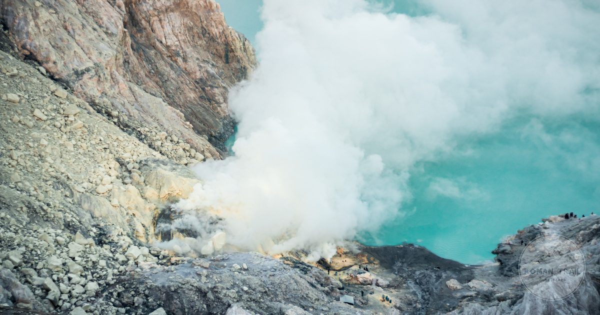 Aerial view of the steaming Kawah Ijen crater in East Java, Indonesia