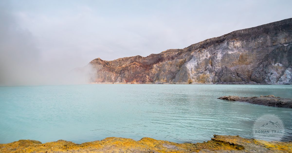 The turquoise acid crater lake at Kawah Ijen, East Java, Indonesia