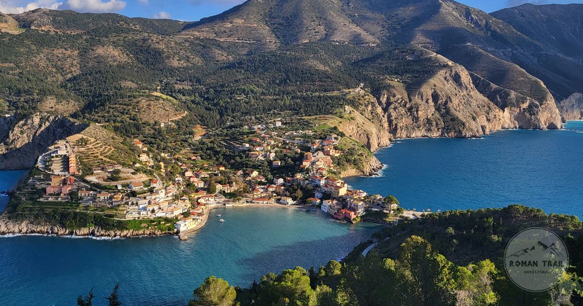 Aerial view of Asos village on the Kefalonia coast, Kefalonia packing list for women by Roman Trail Outfitters
