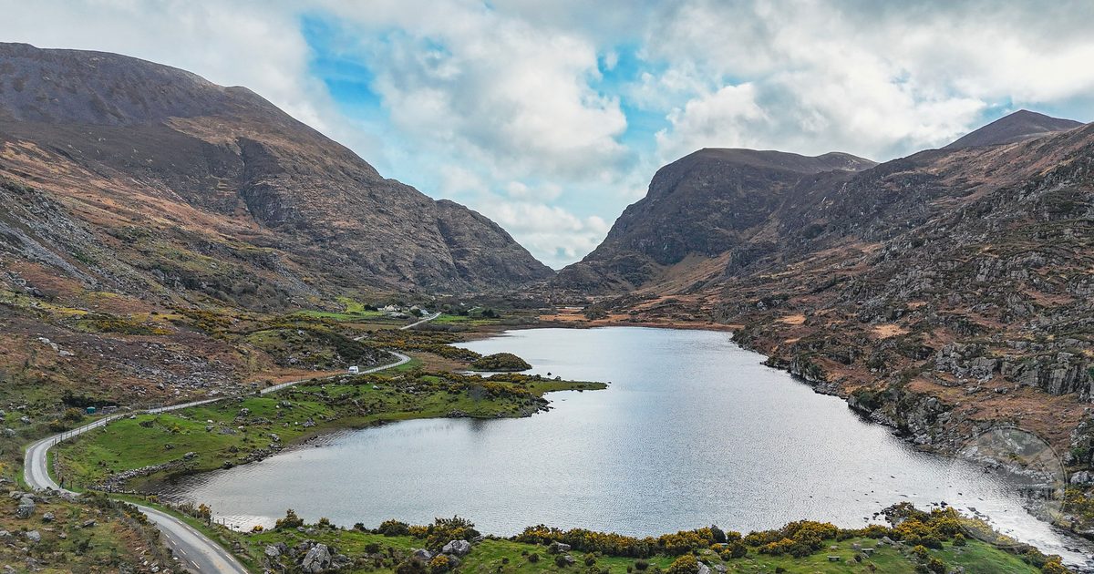 Aerial view of the Gap of Dunloe, a narrow mountain pass in County Kerry, Ireland