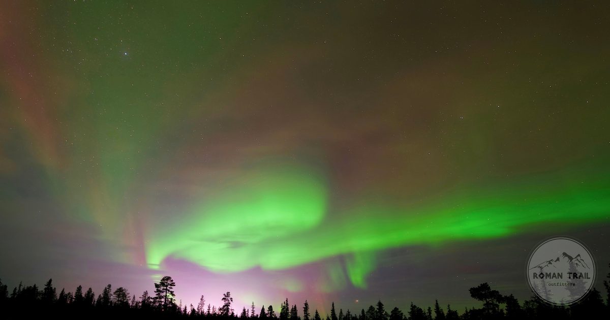 The northern lights over a snowy landscape at Kiruna, Sweden