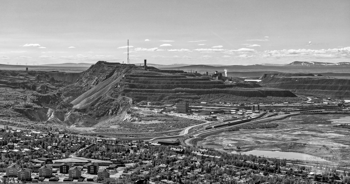 Aerial view of the iron ore mine at Kiruna, Sweden, in black and white