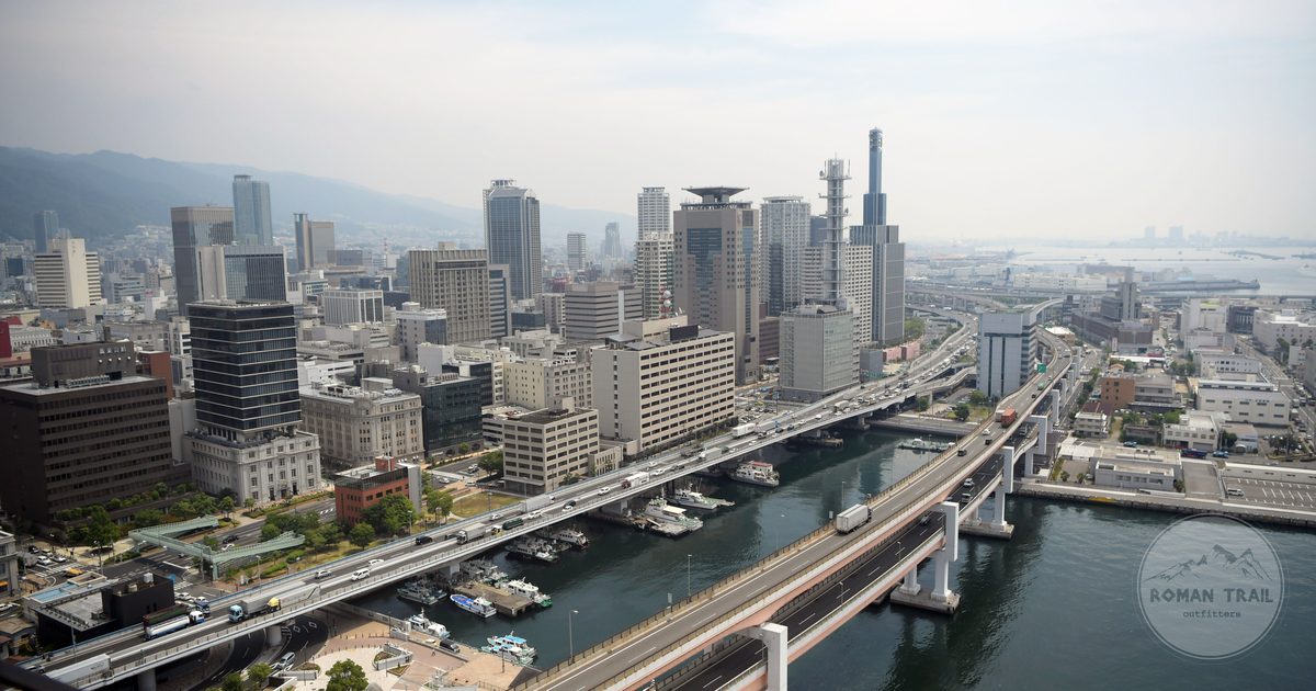 The Kobe skyline with bridges over the river, Japan