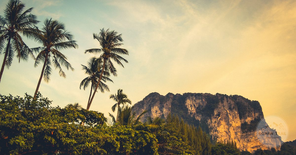 Limestone cliffs and palms at sunset in Krabi, Thailand