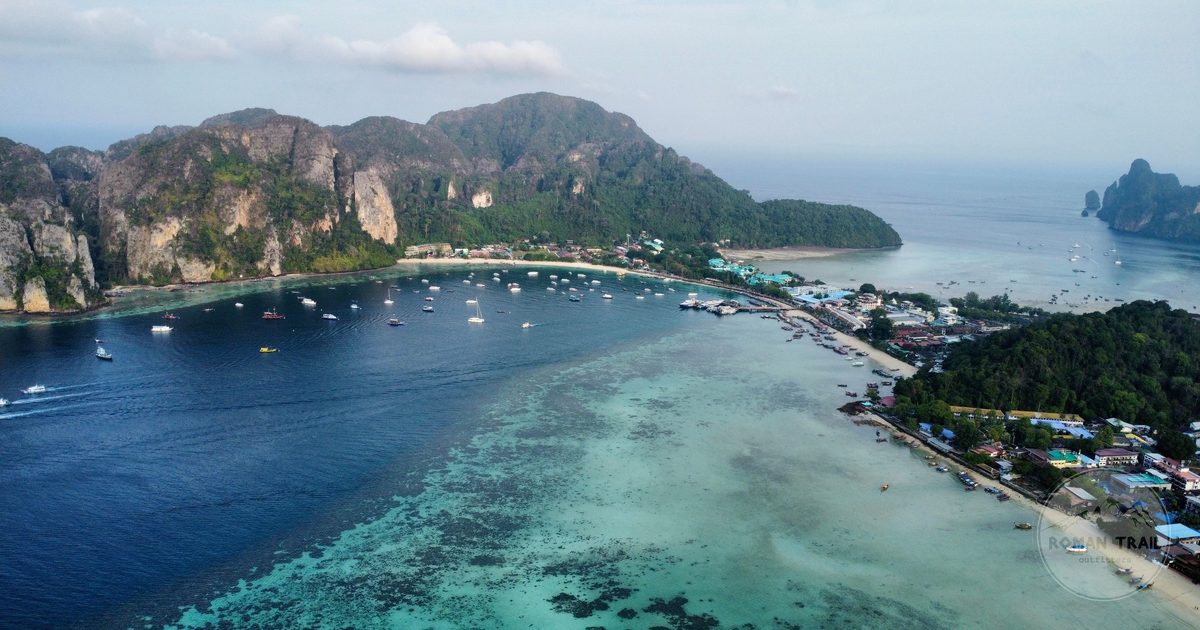 Aerial view of the Phi Phi Islands coastline, Thailand