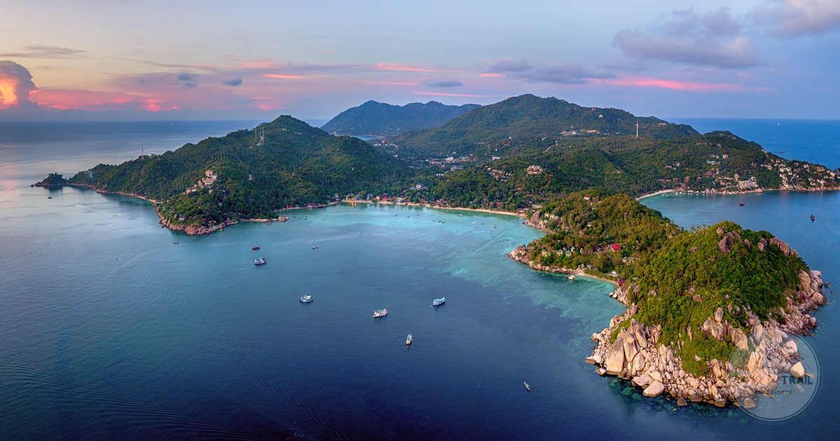 Aerial view of Koh Tao island at sunset, Thailand
