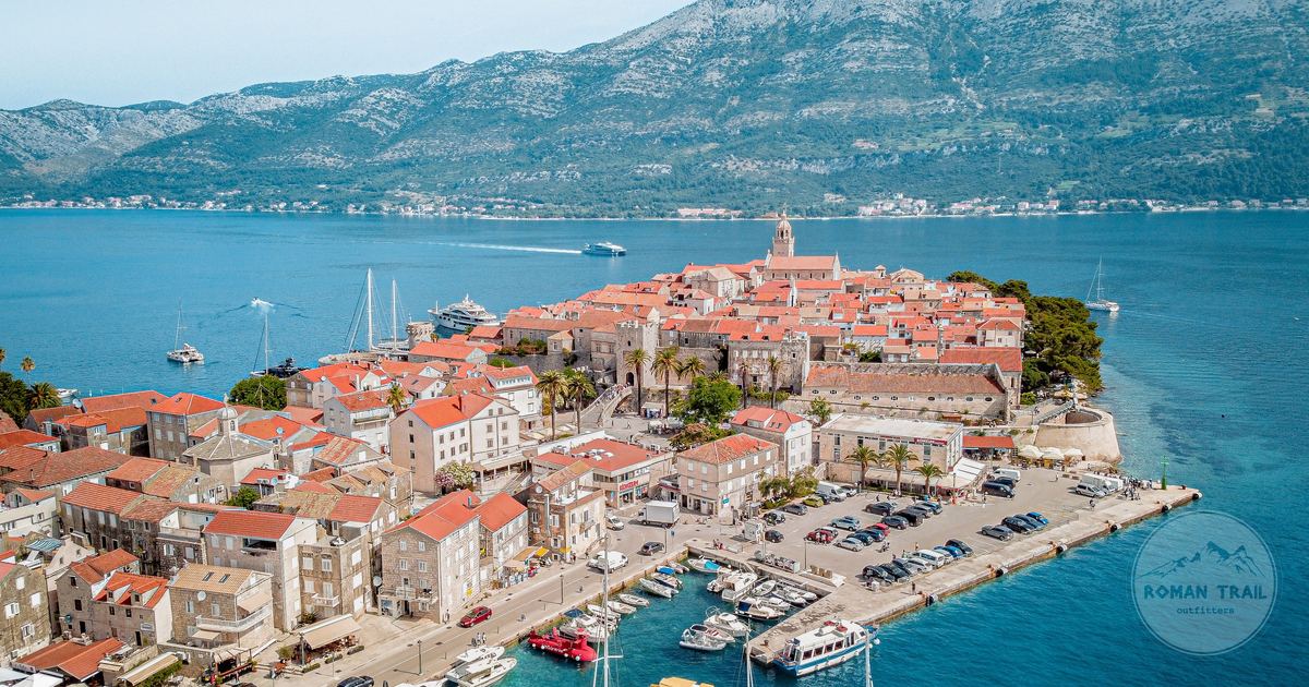 Aerial view of the old town and marina of Korcula on the Adriatic, Croatia