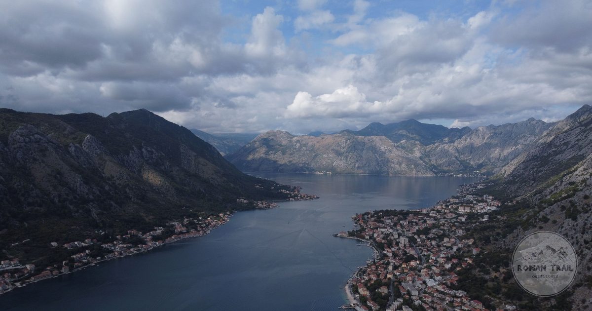 Aerial view of the Bay of Kotor with mountains and coastal towns, Montenegro
