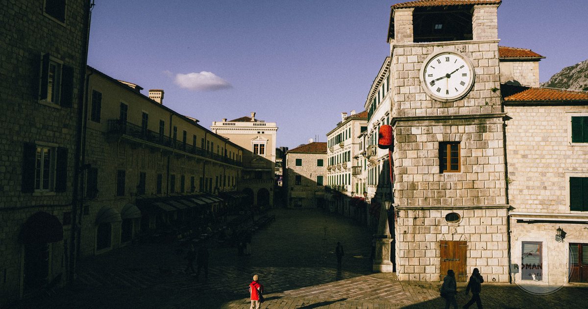 The clock tower and old town square of Kotor, Montenegro