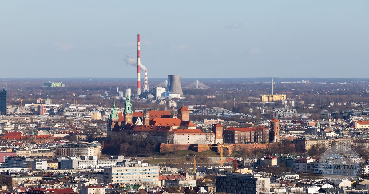 Aerial view of Krakow with Wawel Castle above the Vistula, Poland