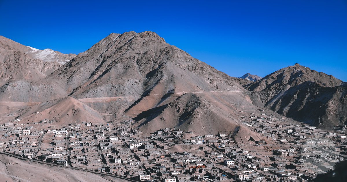 Aerial view of Leh against its mountain backdrop, Ladakh, India
